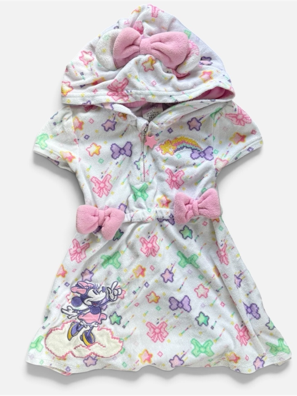 Disney Minnie Mouse Hooded Towel Swim Cover Up Dress Bows Star Zip Girls Size 3